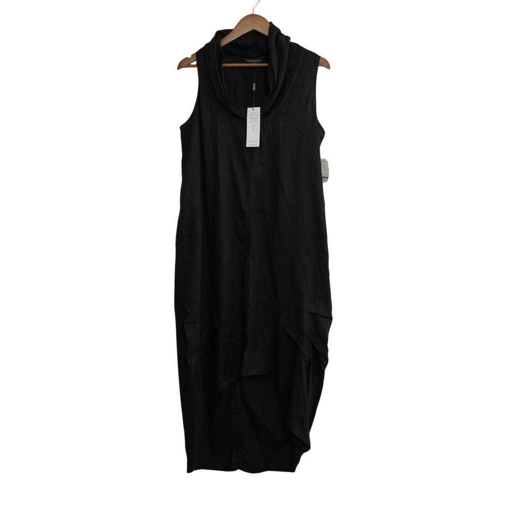 For Cynthia Black Linen Blend Cowl Neck High Low Midi Dress Large NWT Lagenlook